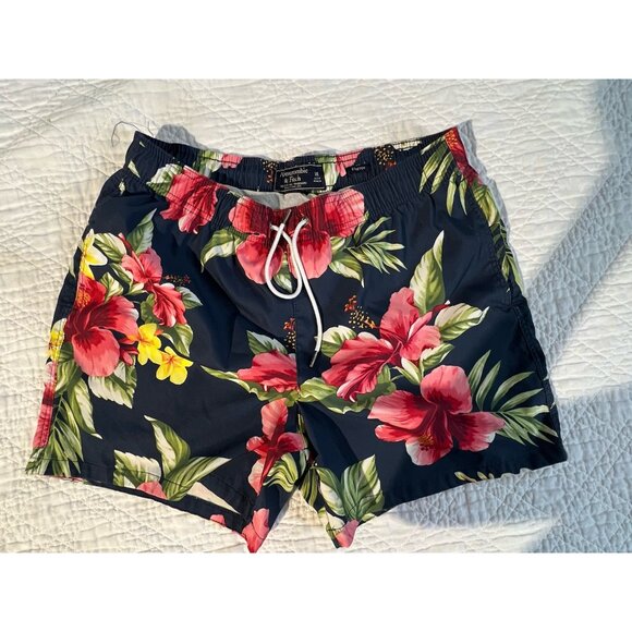 Abercrombie Fitch Mens Swimsuit Medium Navy Pink Floral Hawaiian Board Shorts - Picture 2 of 12